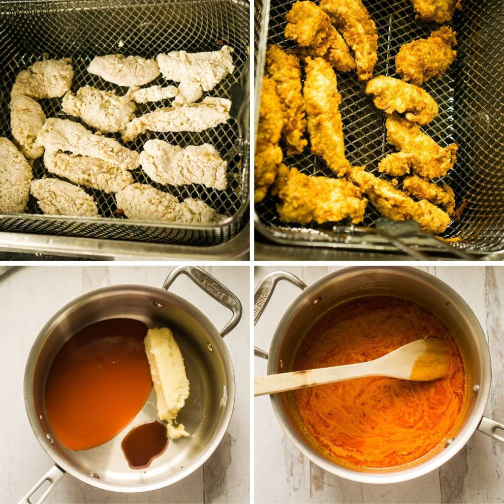 grid of 4 images- chicken tender in deep fryer basket before cooking, fried chicken tenders, pot with butter, hot sauce and worchestershire sauce, and pot with all ingredients melted