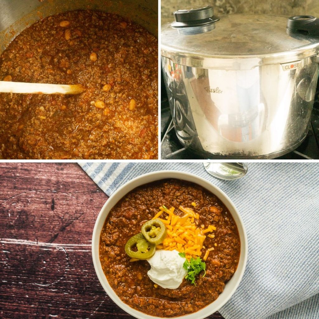 grid of 3 images-showing beans and tomatoes added to chili, pressure cooker on stove, and finished chili