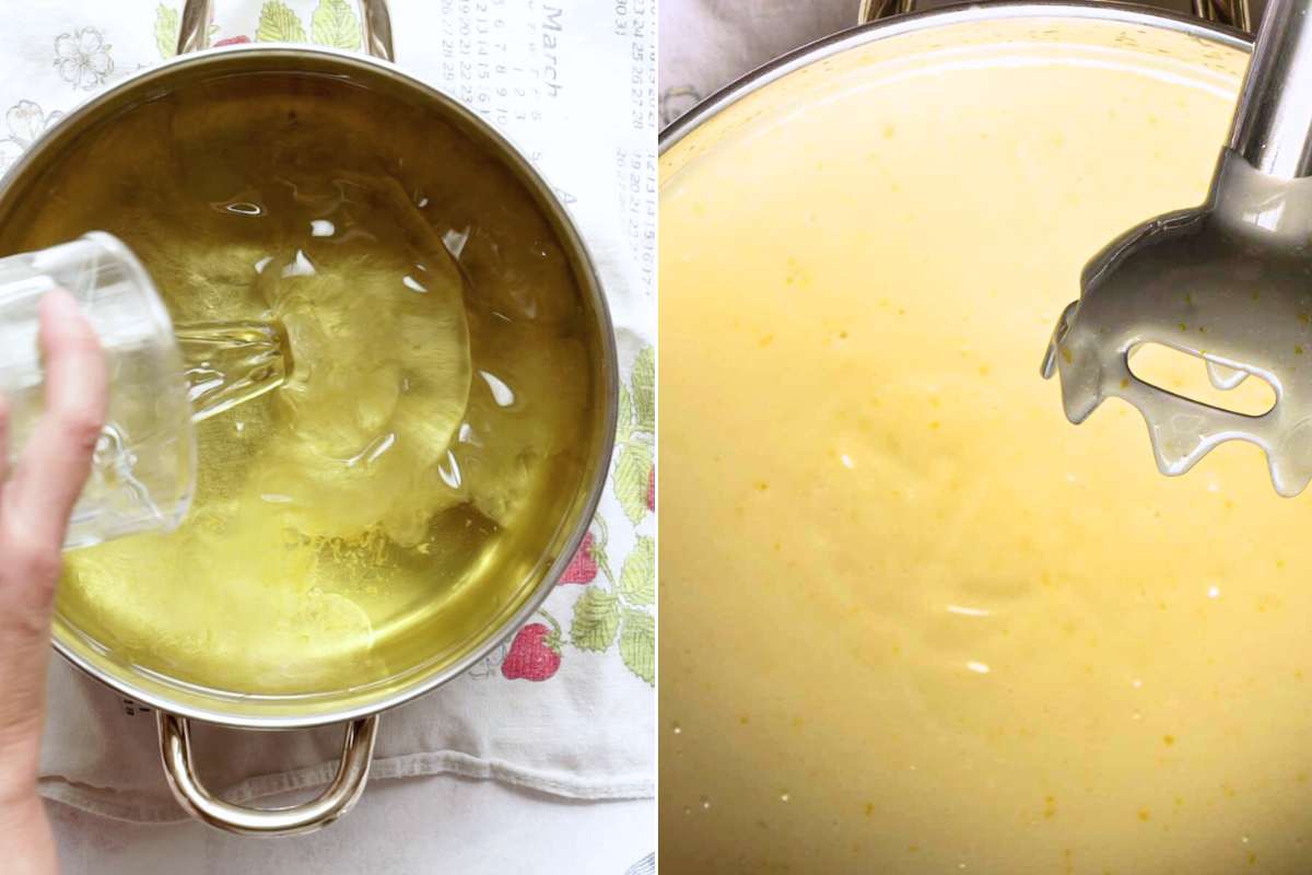 lye water in pot of oil and stick blender showing trace.