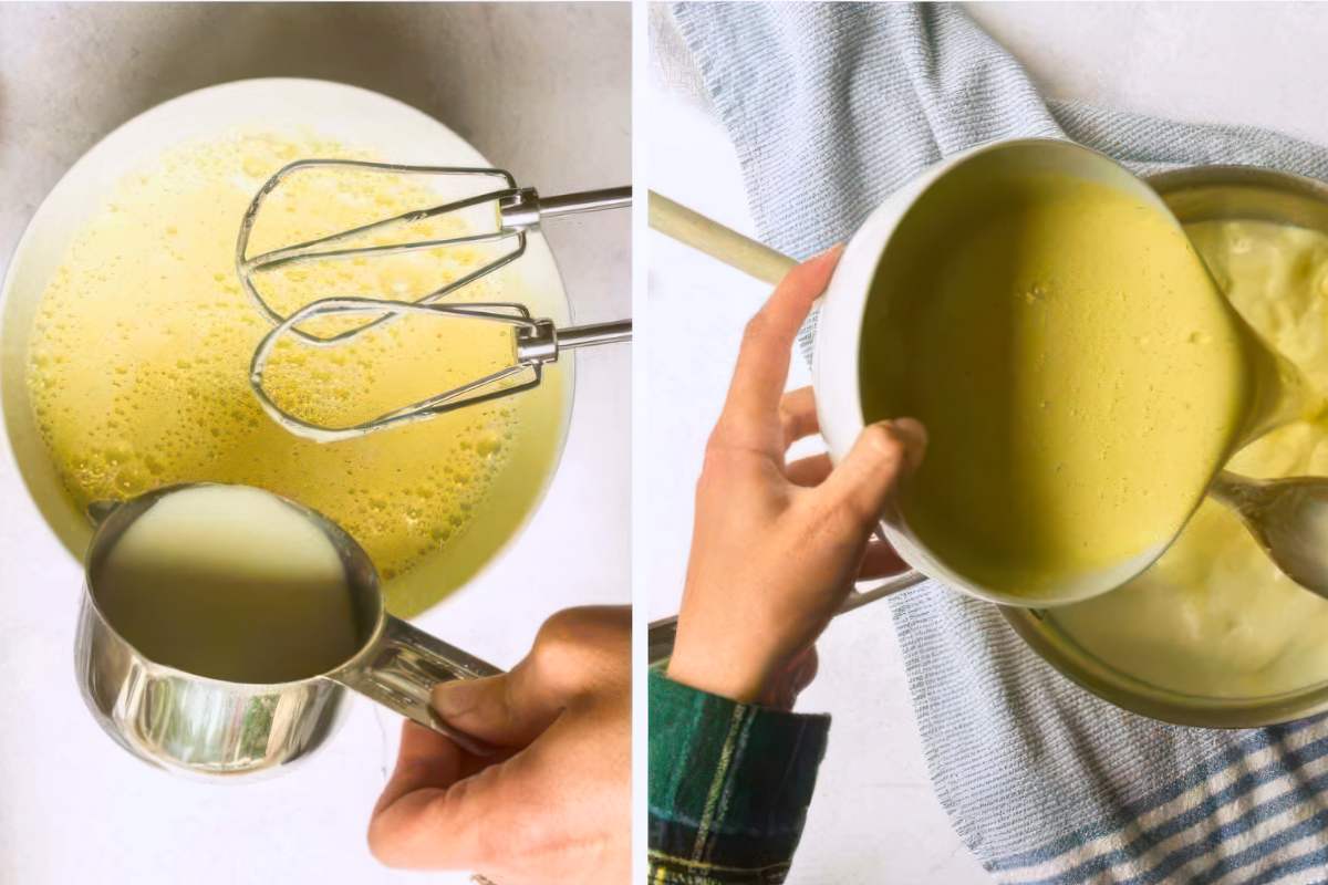 Split image showing egg mixture being tempered with milk and mixture poured back into saucepan.