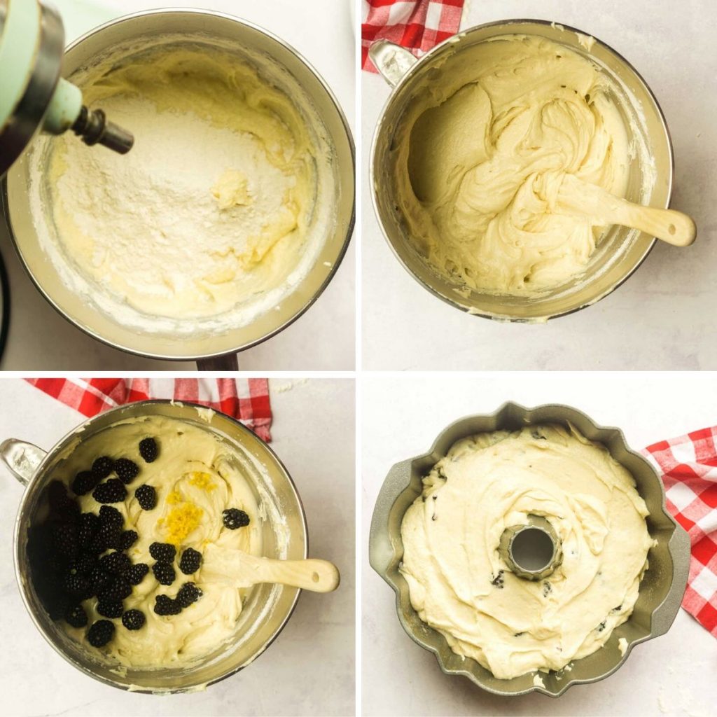 grid of 4 images- mixing batter, adding lemon zest and blackberries, batter in Bundt Cake pan