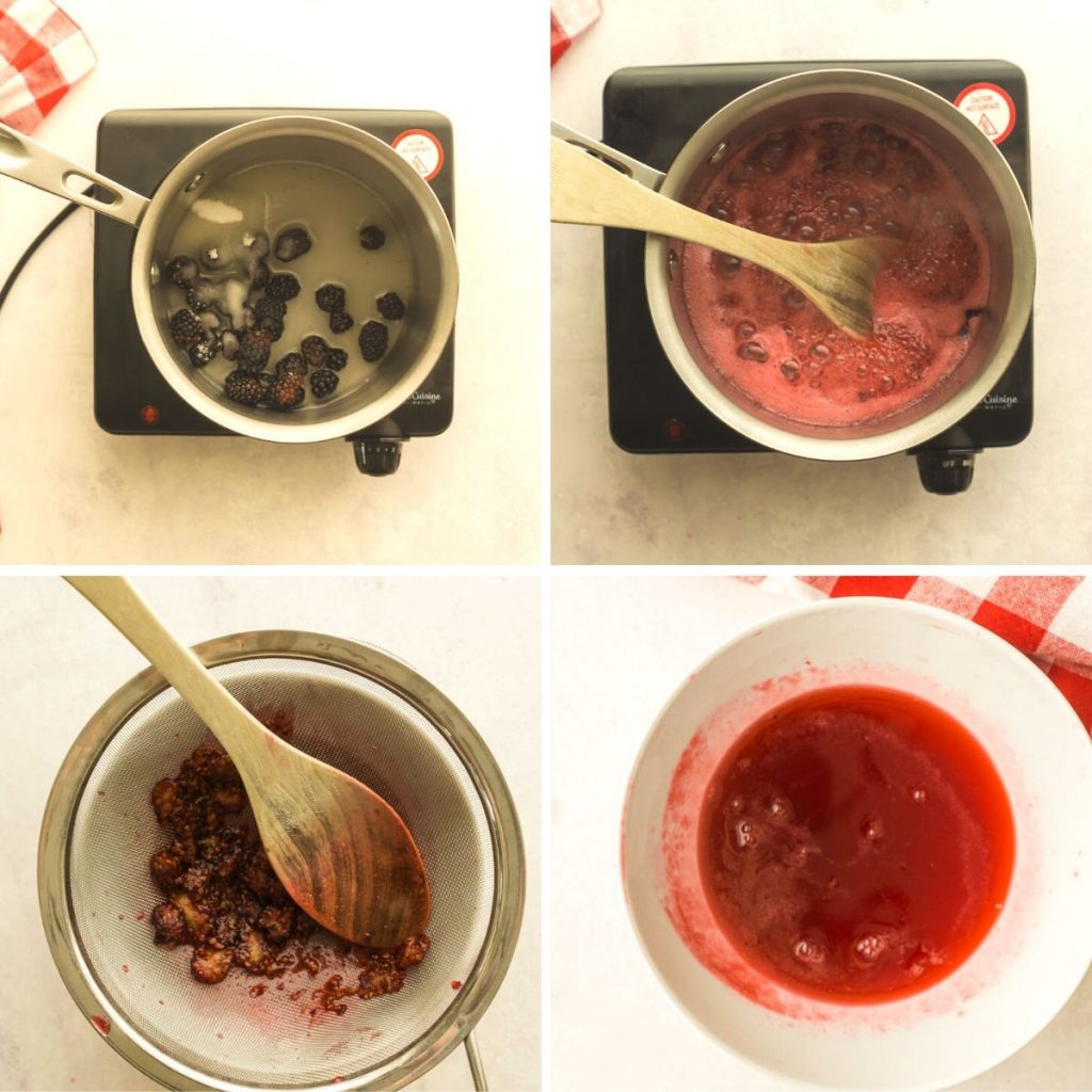 grid of 4 images: blackberries in saucepan, syrup bubbling, straining berries, finished syrup