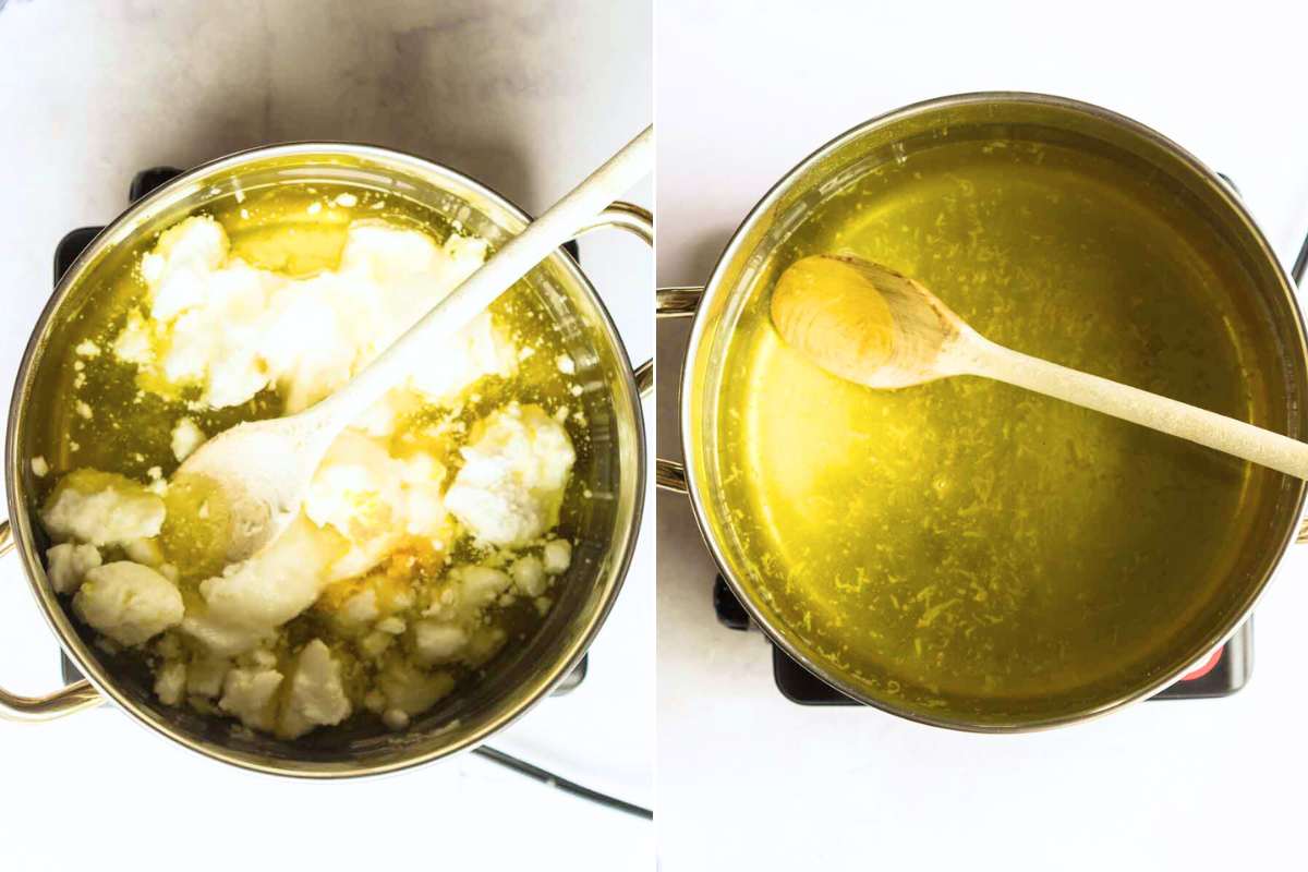 soap making oils in pot before and after melting.