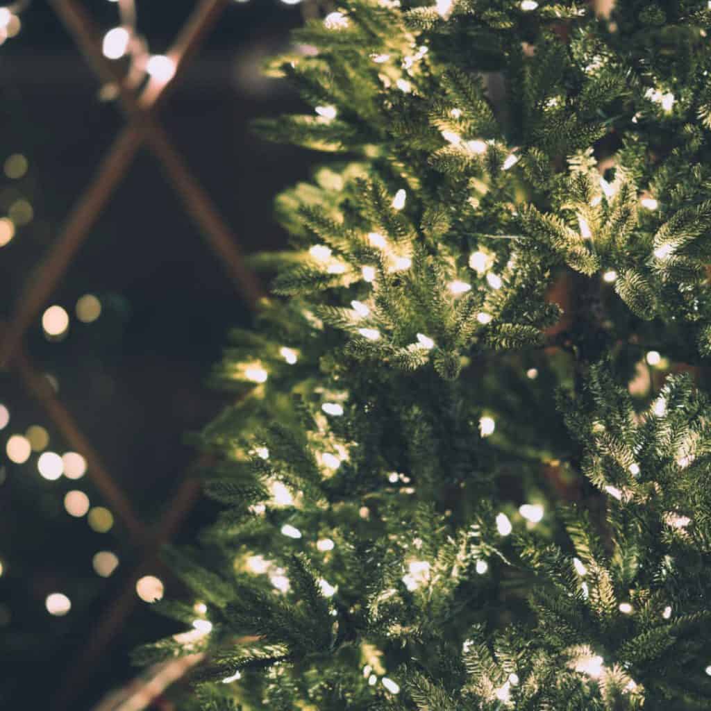 christmas tree with white lights in the dark