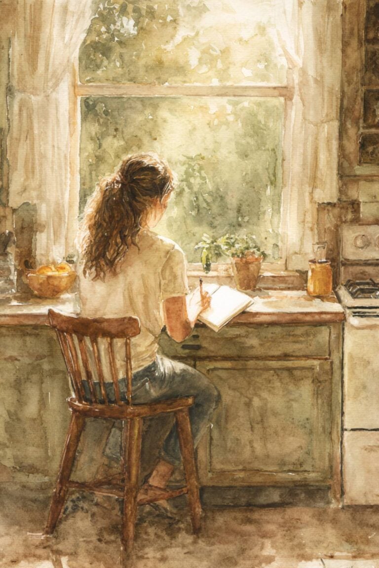 woman writing at counter.