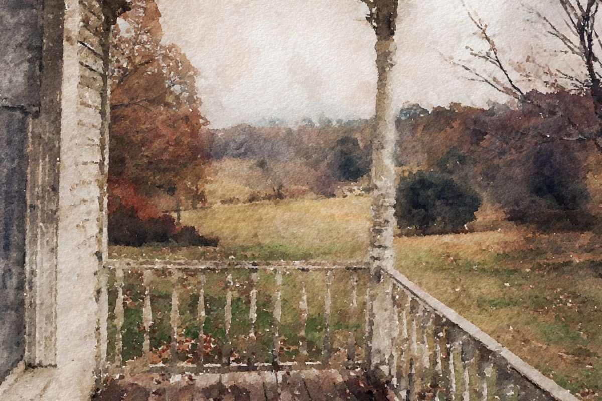 Watercolor painting of a farmhouse porch overlooking autumn fields and trees.