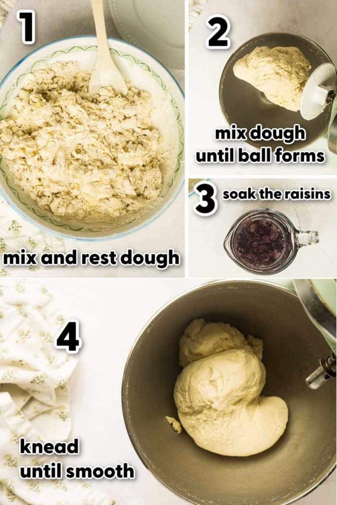 mixing dough, soaking raisins