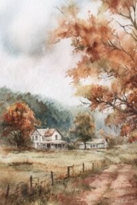 Watercolor of a country home with autumn trees and a dirt path.