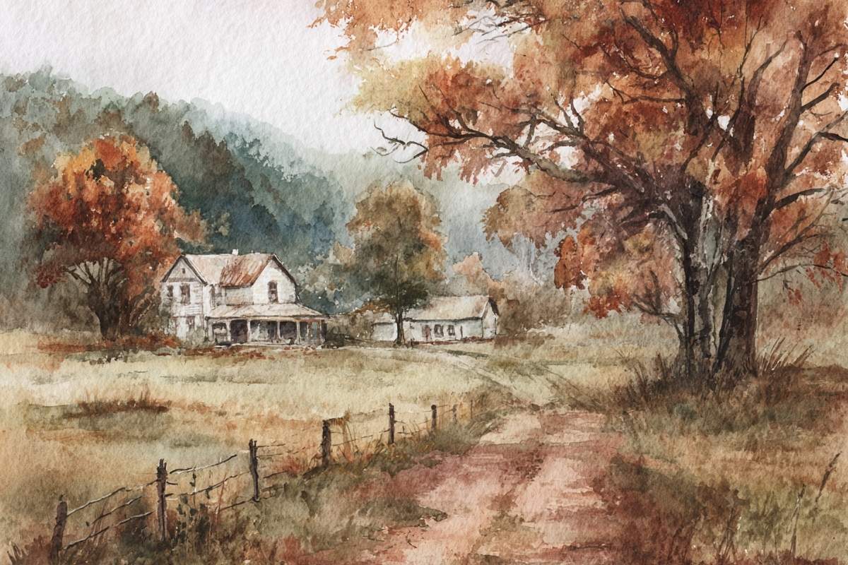 Watercolor painting of a farmhouse porch overlooking autumn fields and trees.