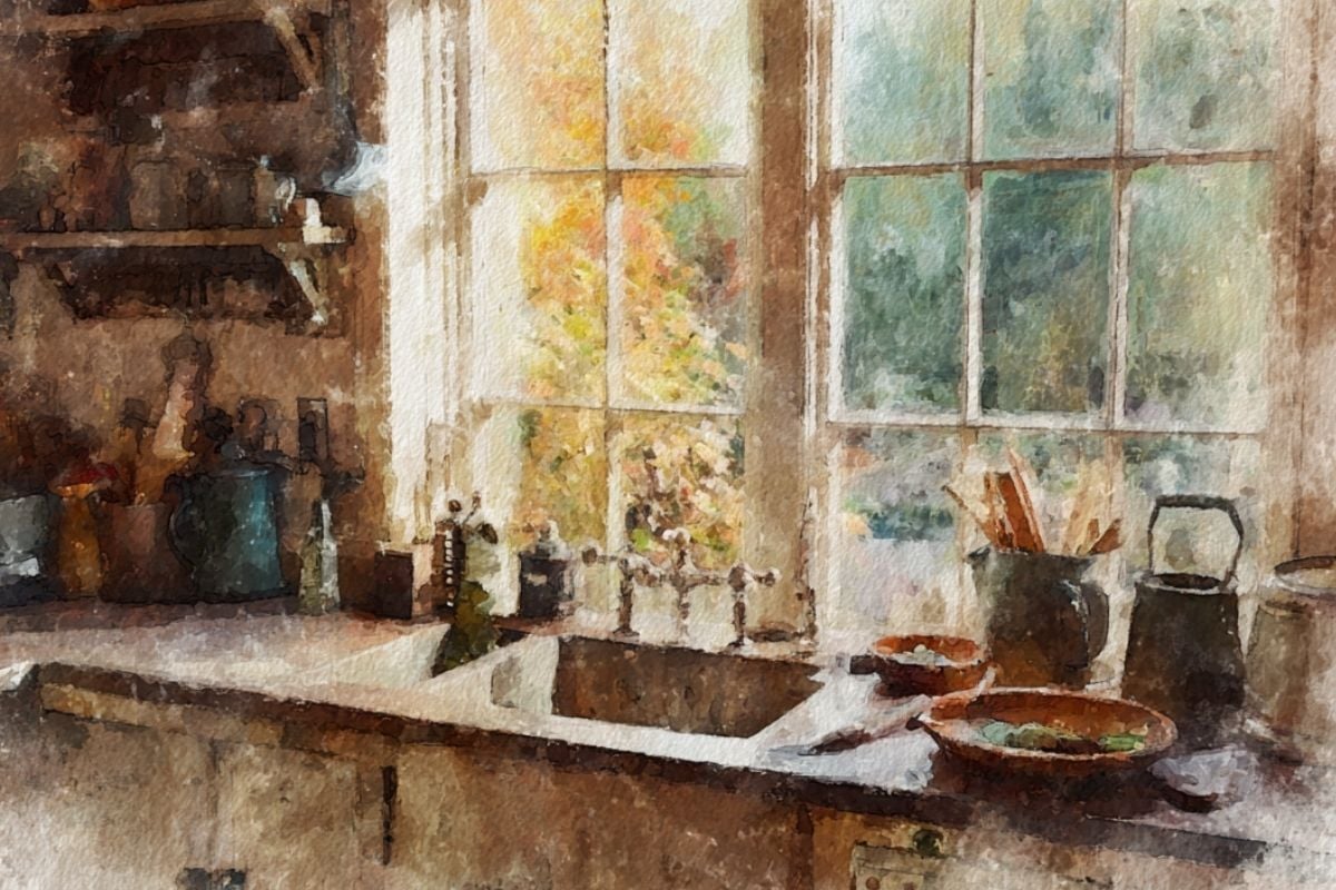 Watercolor painting of a country kitchen with sink, window, and wooden bowls.