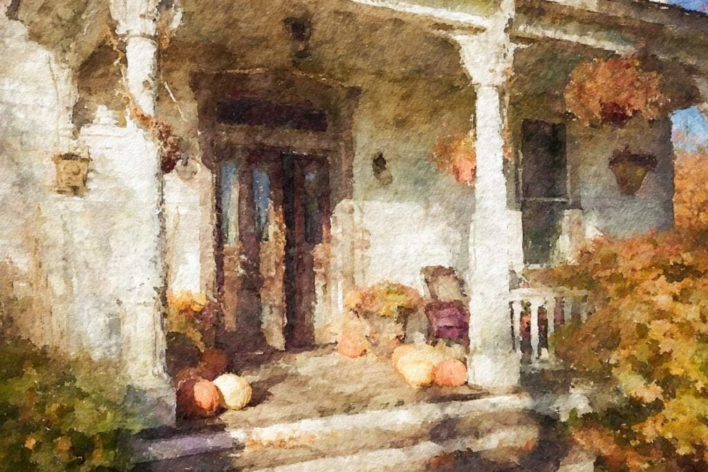 Watercolor of a farmhouse front porch with white columns and orange pumpkins.