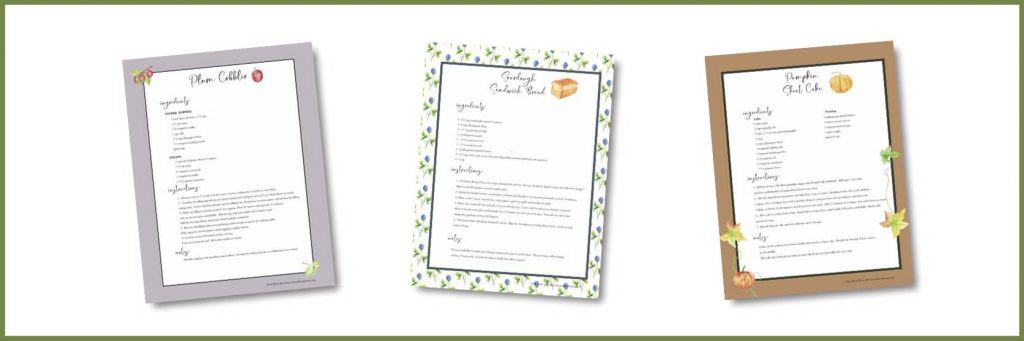3 printable recipes styled with borders and designs