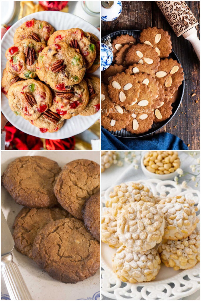 grid of 4 christmas cookies on plates