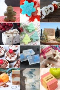 A collage of 12 different Christmas-themed handmade soaps, showcasing a variety of shapes, colors, and festive designs, including gingerbread men, snowflakes, Christmas trees, and other holiday-inspired soap creations.