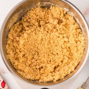 crumbly cookie dough in metal mixing bowl