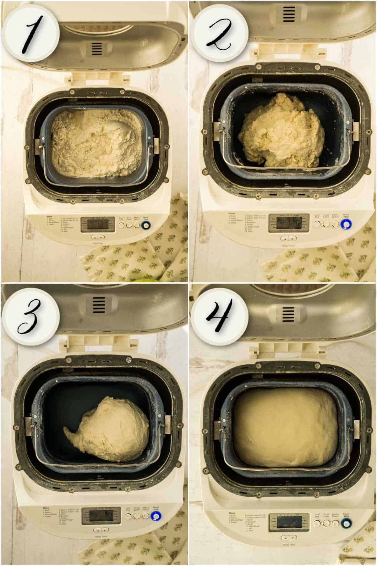 grid of images: bread machine with ingredients, kneading, and fully risen dough