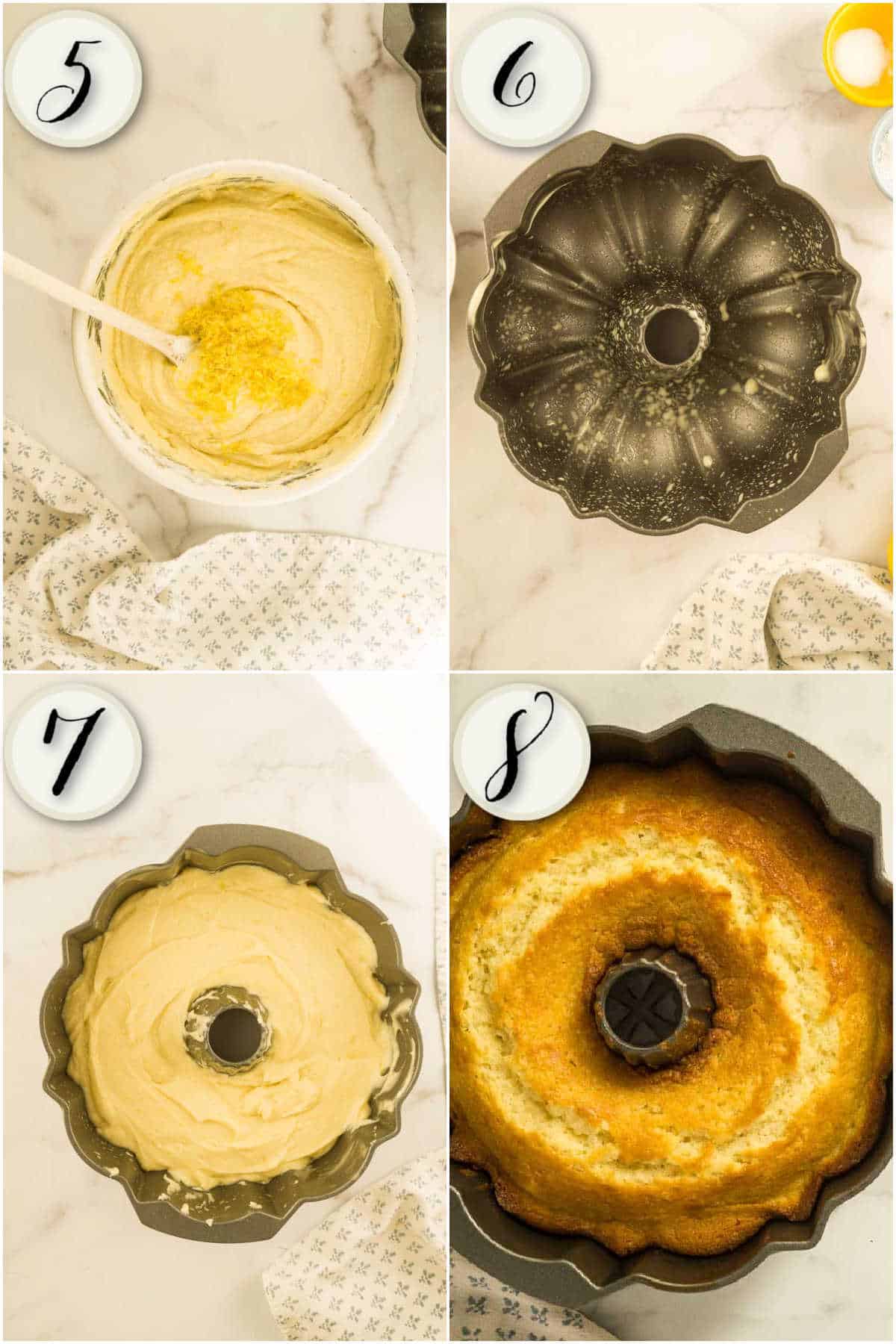 adding lemon zest, preparing bundt pan, smoothing cake batter, baked cake