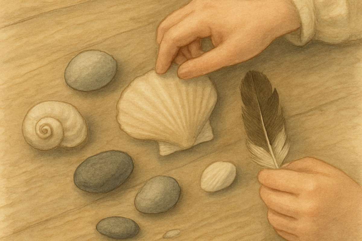 A child's hands arranging a collection of natural treasures including shells, smooth stones, and a feather on a wooden surface.