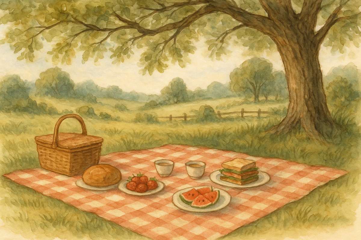 A picnic scene with a red and white checkered blanket under a large oak tree, featuring simple food like bread, strawberries, sandwiches, and watermelon slices.