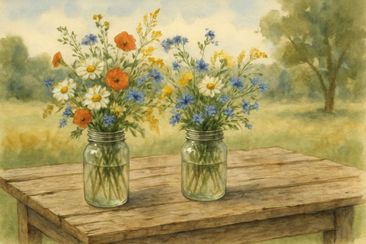 Two mason jars filled with wildflowers including daisies, poppies, and cornflowers sitting on a rustic wooden table with a meadow in the background.