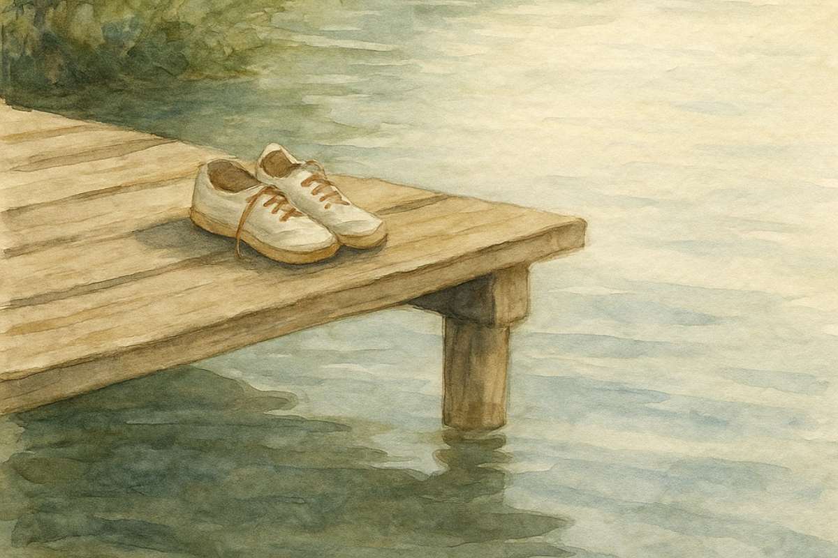 A pair of worn canvas shoes sitting on the edge of a wooden dock over calm water.
