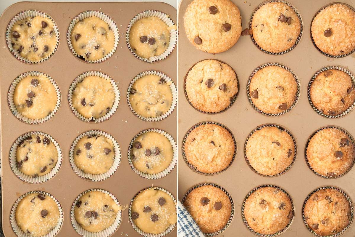 Muffin tin with raw and baked muffins side by side.
