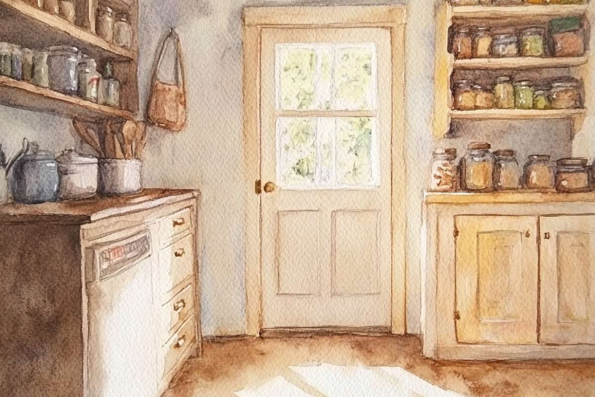 sunny kitchen with white open shelving.