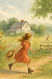 A girl in a red dress running along a country path with a straw hat in hand, heading toward a white farmhouse with other children playing in the distance.