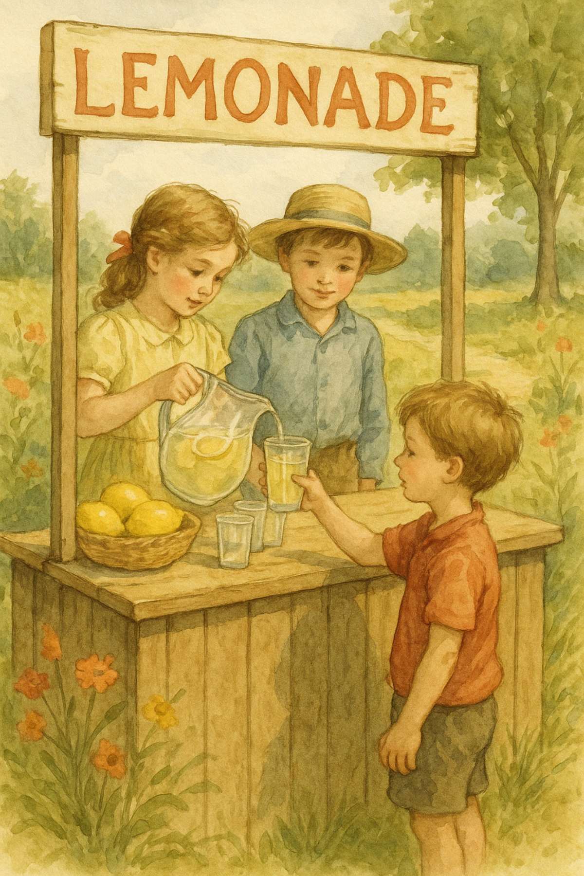 Children operating a homemade lemonade stand with a wooden sign, a pitcher of lemonade, and fresh lemons in a basket.