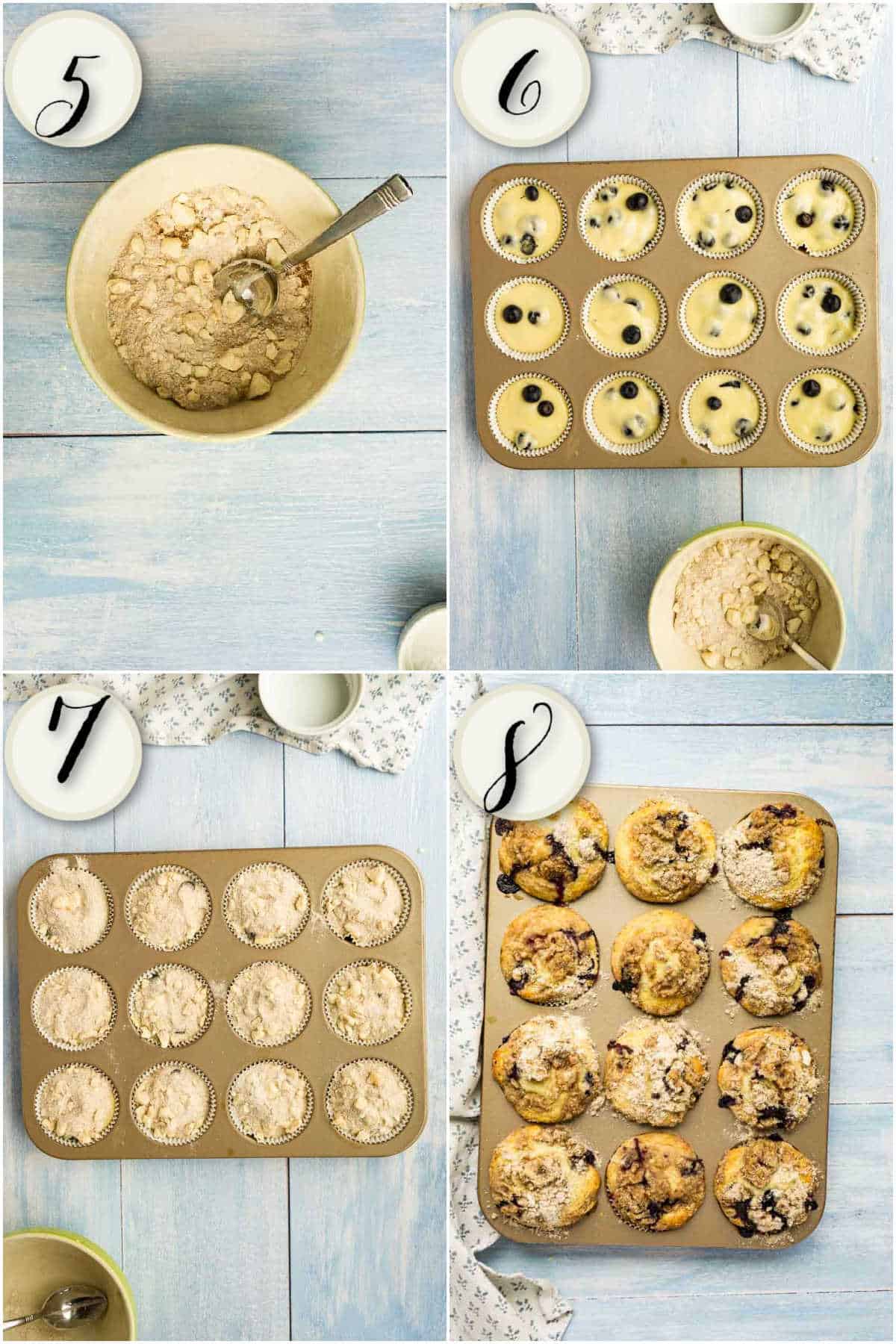 4 images showing mixing crumb topping, adding to muffin batter, fully baked blueberry muffins in tin
