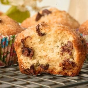 Close-up of a muffin with a bite taken out.