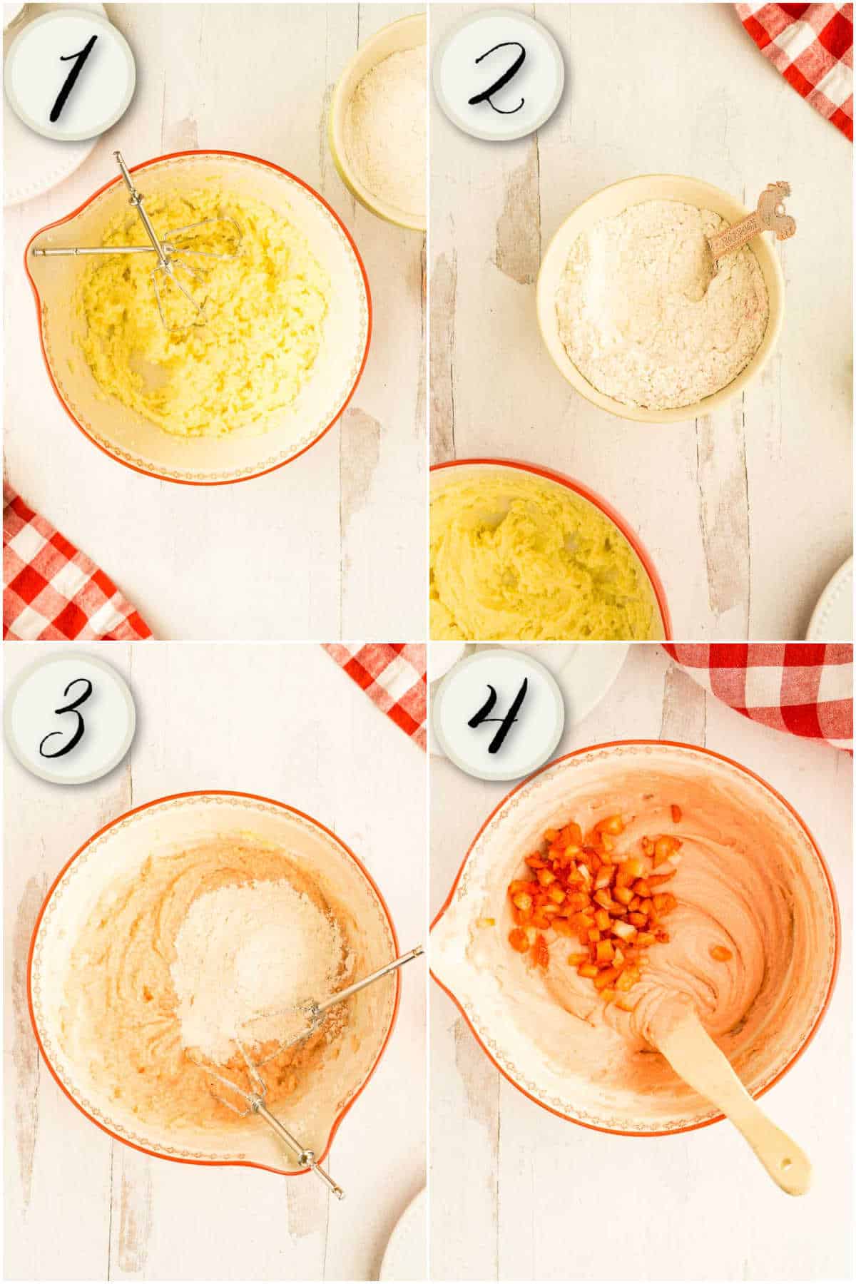 process shots: butter and sugar, adding flour, stirring chopped strawberries into batter