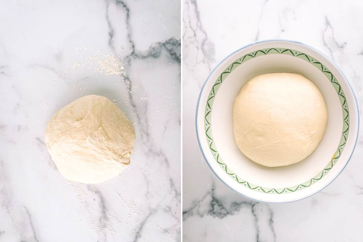dough ball on counter, and dough in bowl puffy and doubled in size.