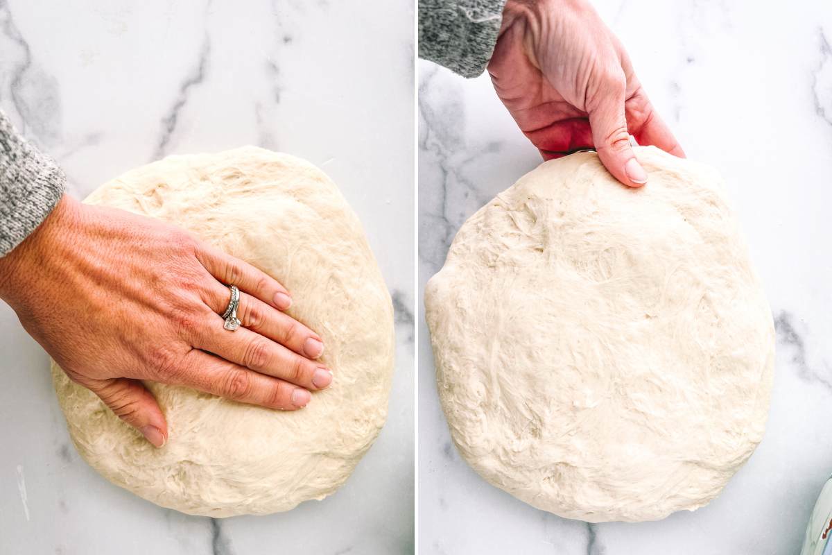 hand flattening dough into 9 to 10 inch circle.