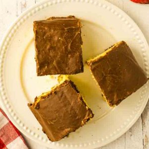 three squares of chocolate frosted cake