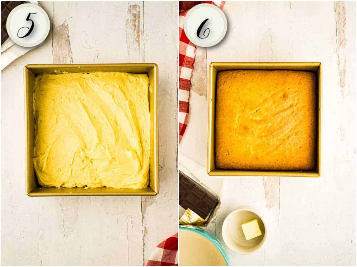 cake batter and fully baked cake