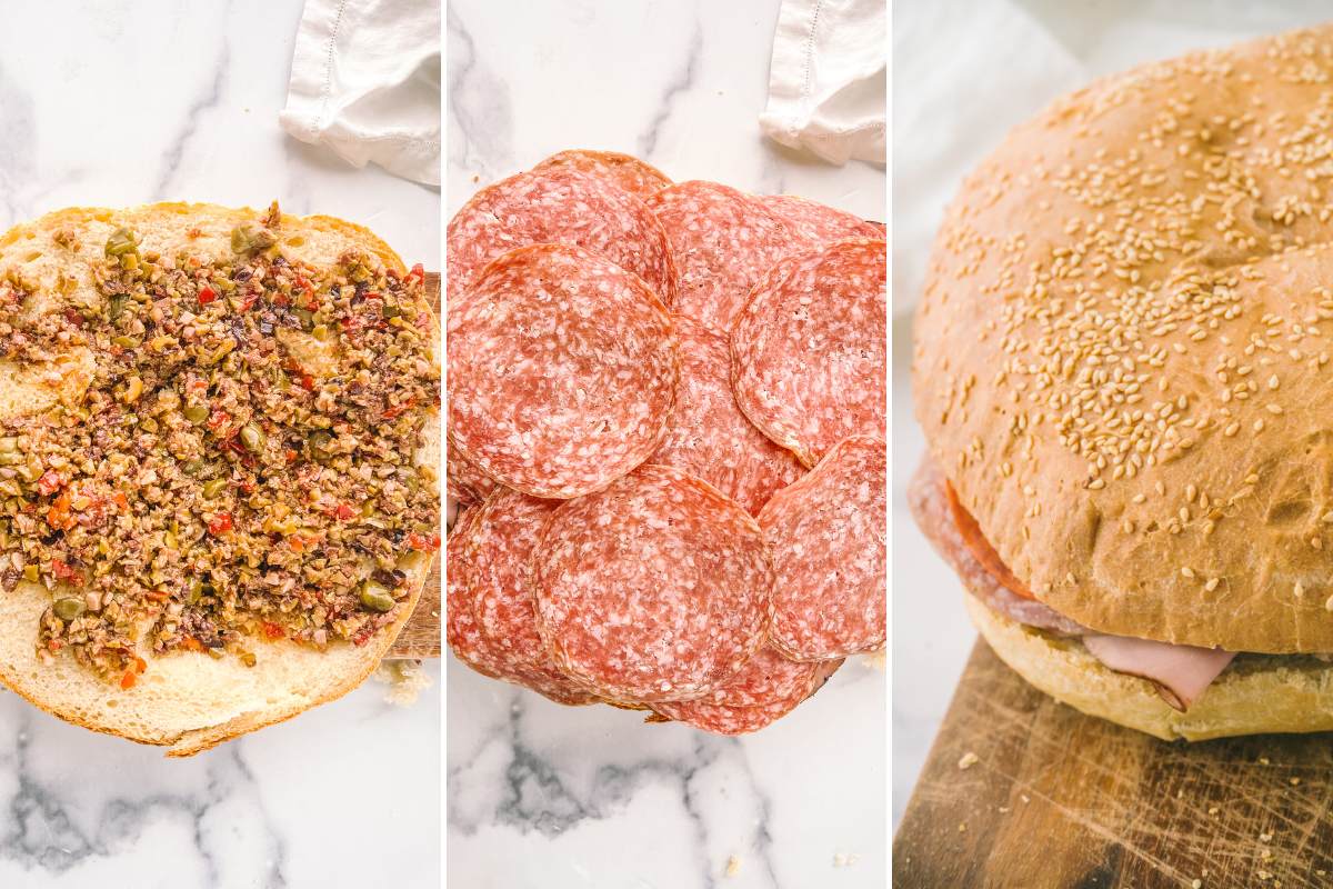 olive tapenade and meat added to bread to make muffuletta sandwich.