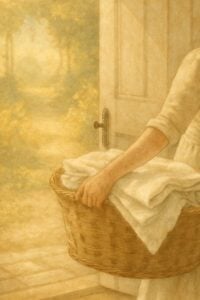 Person carrying wicker laundry basket in golden morning light.