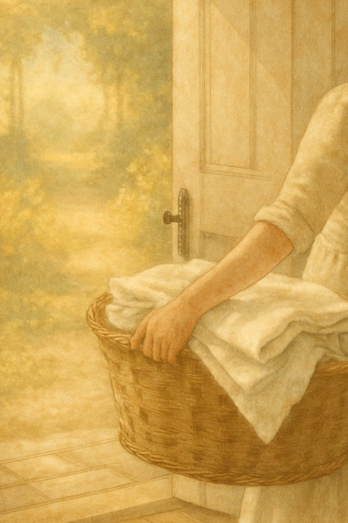 Person carrying wicker laundry basket in golden morning light.