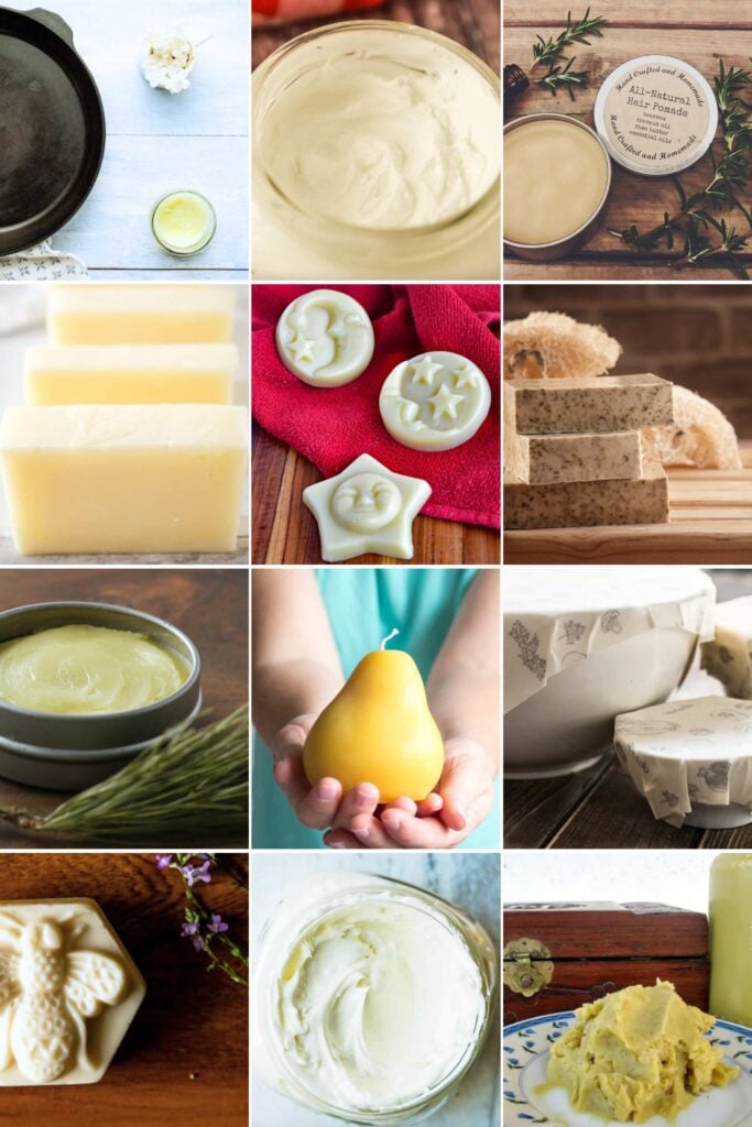 A detailed collage of different homemade beeswax products such as candles, soap bars, lotion bars, hand cream, and furniture polish, highlighting the diverse uses of beeswax.