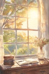 watercolor of sunset shining in through desk.