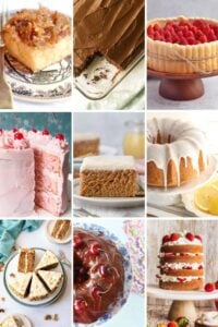 grid of 9 finished cakes with cherries, layers, etc.