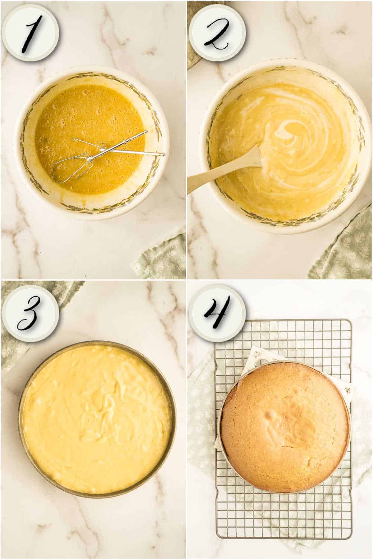 process of making sourdough banana cake- beating sugar, oil, and bananas, mixing in dry ingredients, adding starter, and baking