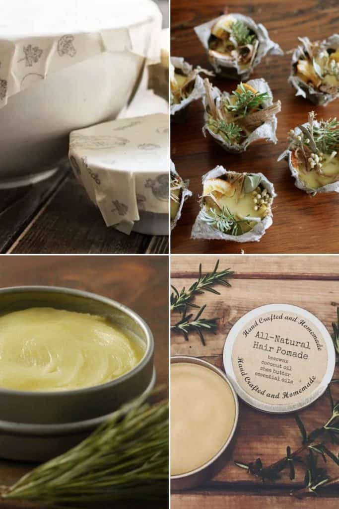 grid of 4 images showing beeswax food wrap, balm, fire starter and hair pomade