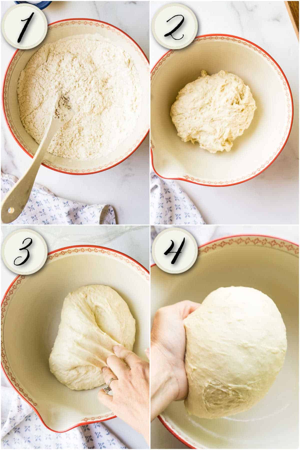 grid of 4 images- mixing dry ingredients, kneading sticky dough, gently shaping into a ball