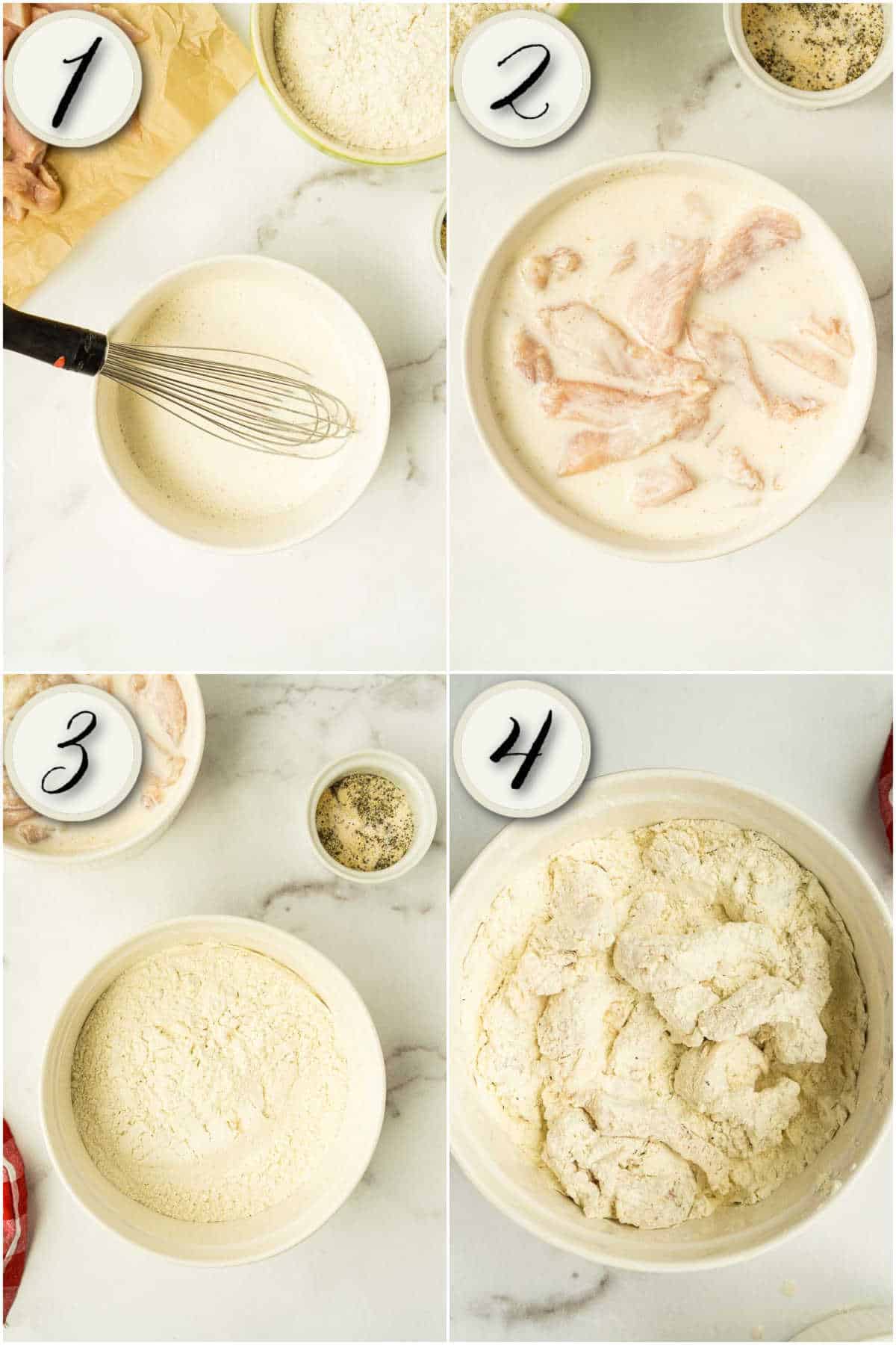 grid of 4 images: buttermilk mixed with seasonings, marinating chicken, mixing flour and seasoning, tossing chicken in seasoned flour