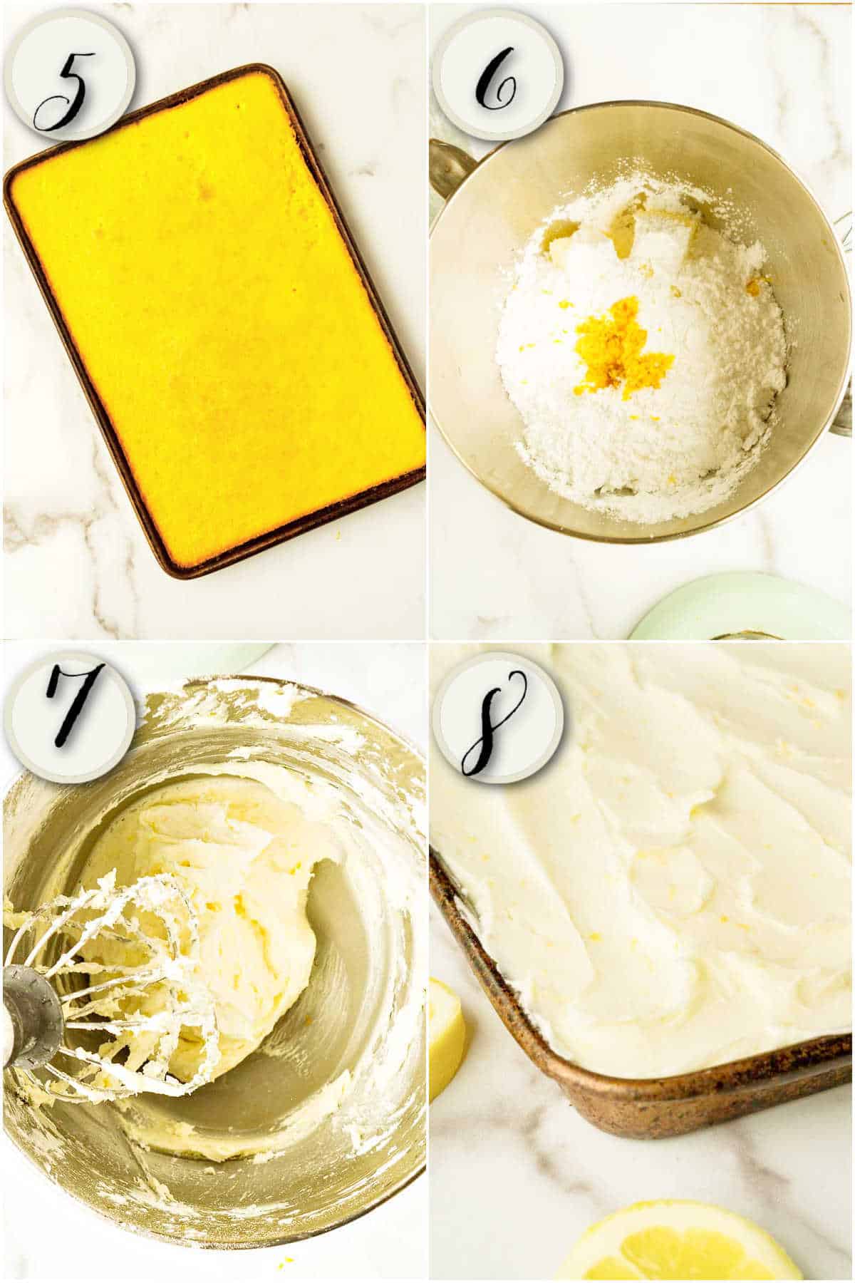 baked cake, ingredients for buttercream, finished buttercream, frosted cake