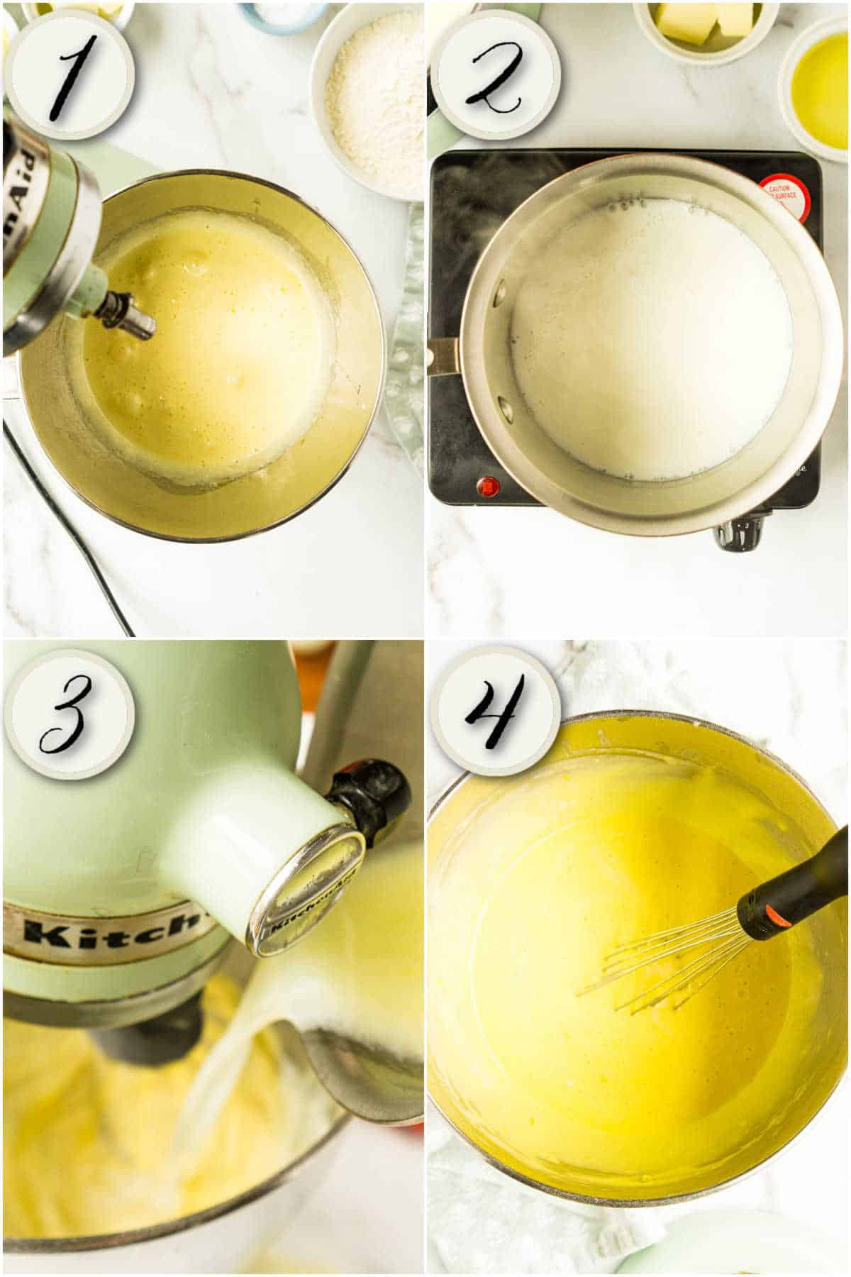 grid of 4 images: cake batter sugar and eggs, hot milk, pouring milk intoo batter, stirring lemon juice and zest in by hand
