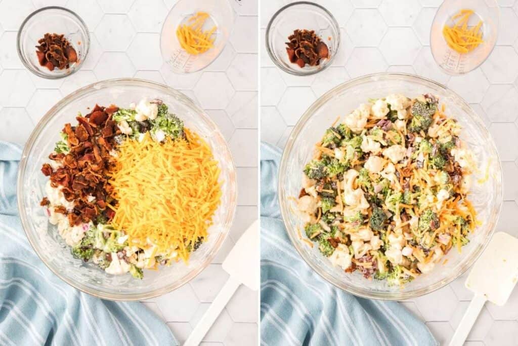 large bowl with salad, shredded cheddar, and bacon