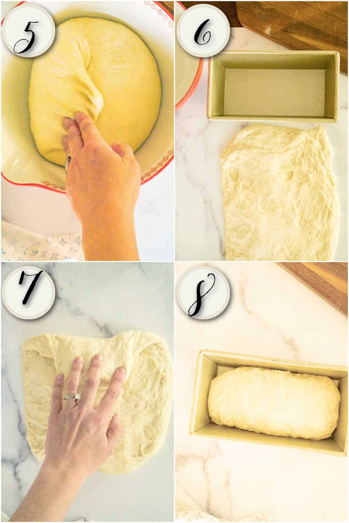 risen dough, shaping into loaf,  placing into loaf pan to rise